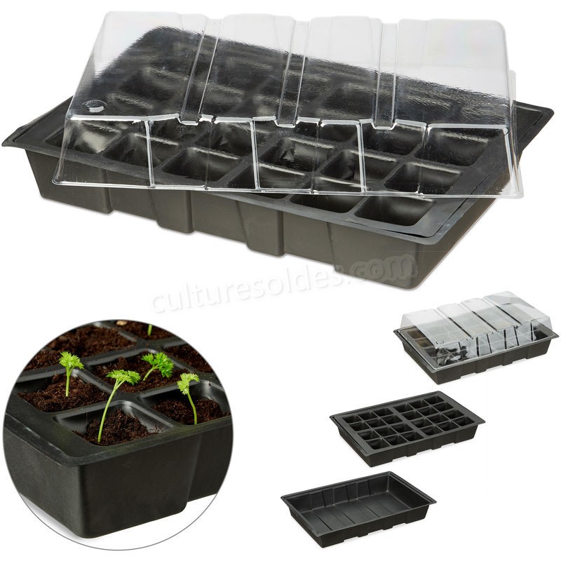  Mini serre, 24 cellules, pour l'intérieur, couvercle transparent, bac de semis avec trous, plastique, noir soldes en ligne - -0