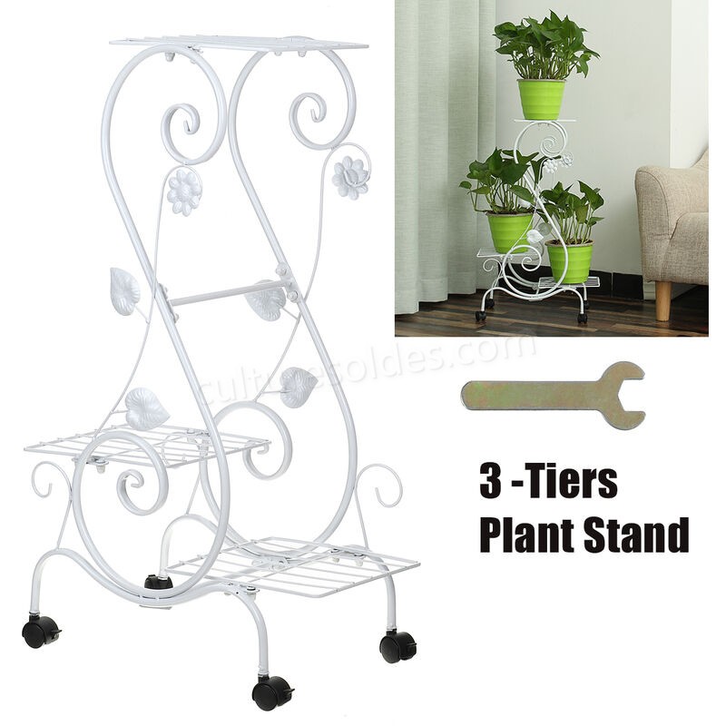 Support de plante en pot en métal à 3 niveaux, présentoir à fleurs pour jardin, roues de support d'étagère Decro (blanc, blanc) soldes en ligne - -1