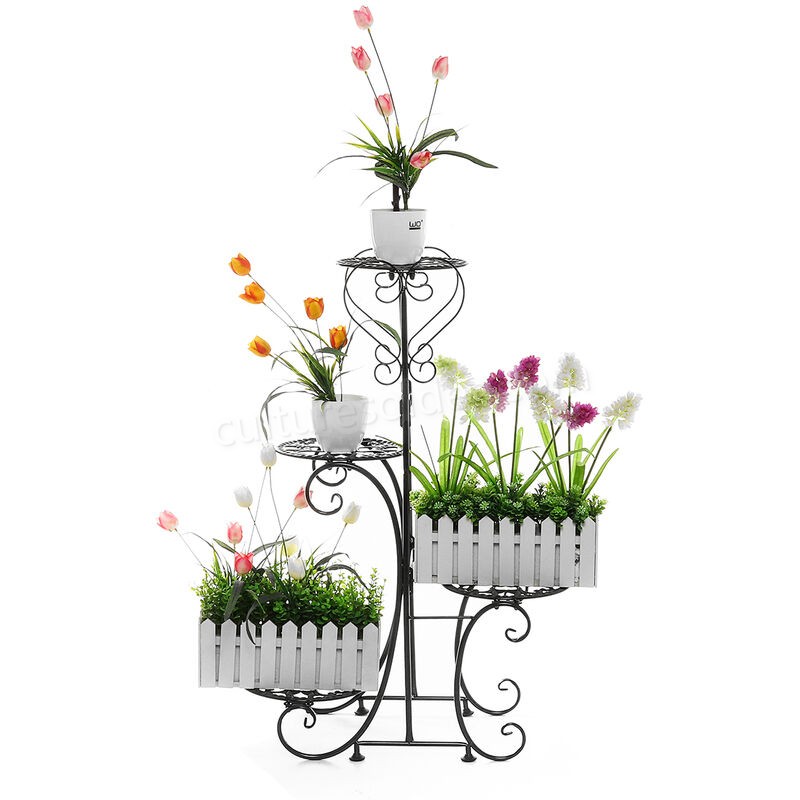 Support de pot de plante en métal à 4 niveaux, présentoir de fleurs, patio, jardin, maison (noir, supports ronds) soldes en ligne - -1
