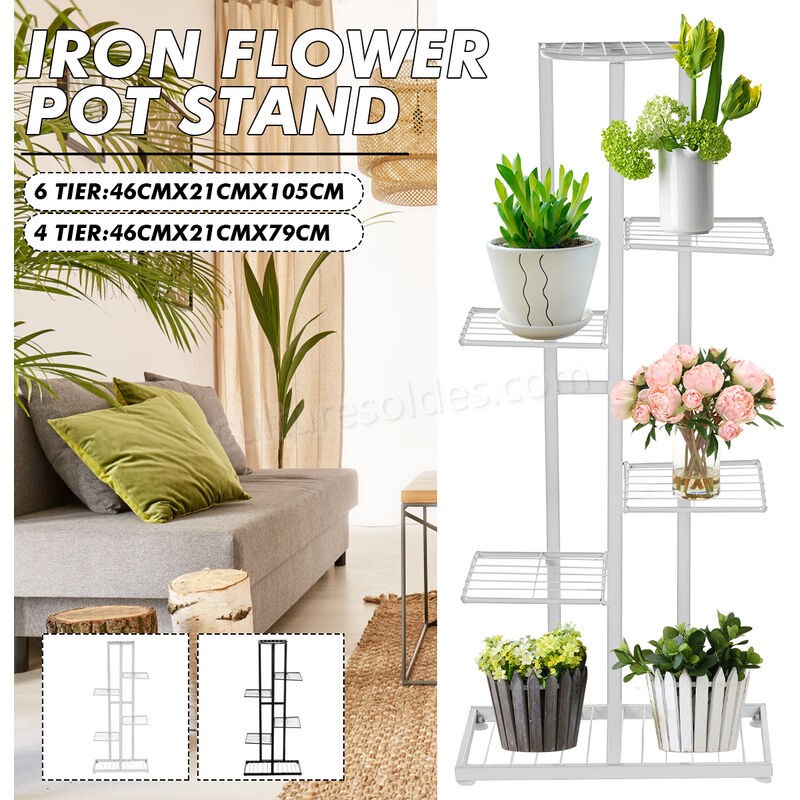 4 niveaux / 6 niveaux - support de plante en métal et support de pot de fleur jardin bureau à domicile intérieur extérieur noir / blanc (blanc, 6 niveaux (105x46x21cm)) soldes en ligne - -3