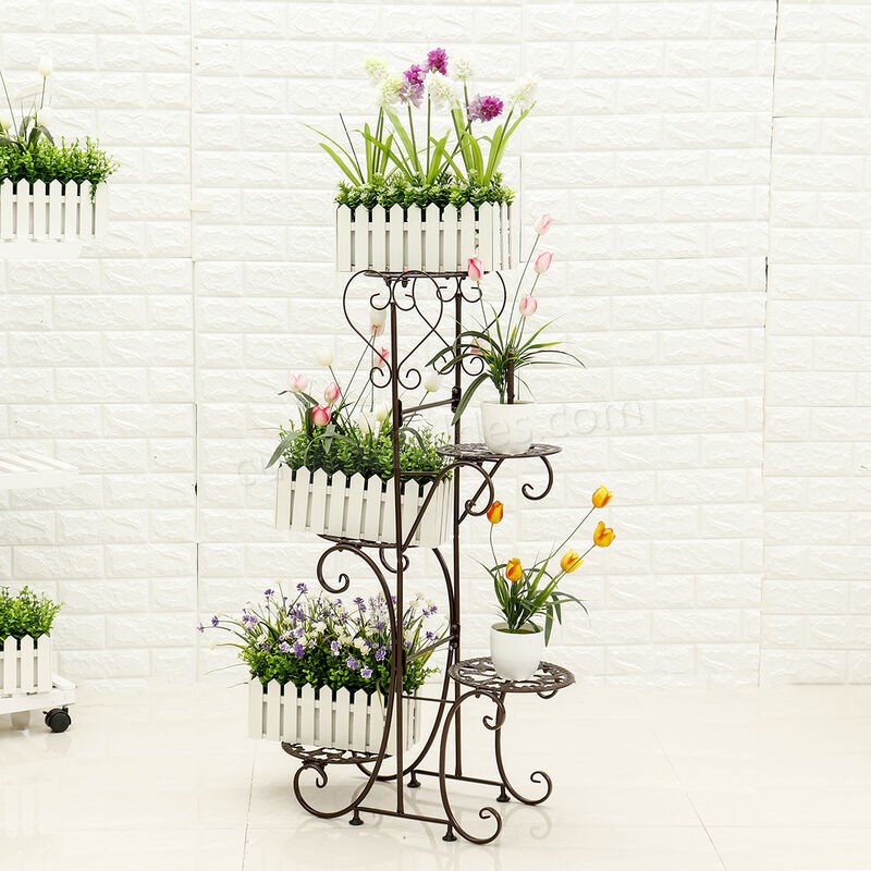 Support de pot de plante en métal à 5 ​​niveaux, présentoir de fleurs, patio, jardin, maison (brun, supports ronds) soldes en ligne - -2