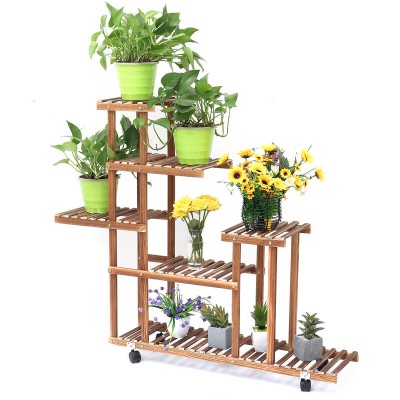 Support de plante bois 5 niveaux support de pot de fleur avec roue soldes en ligne